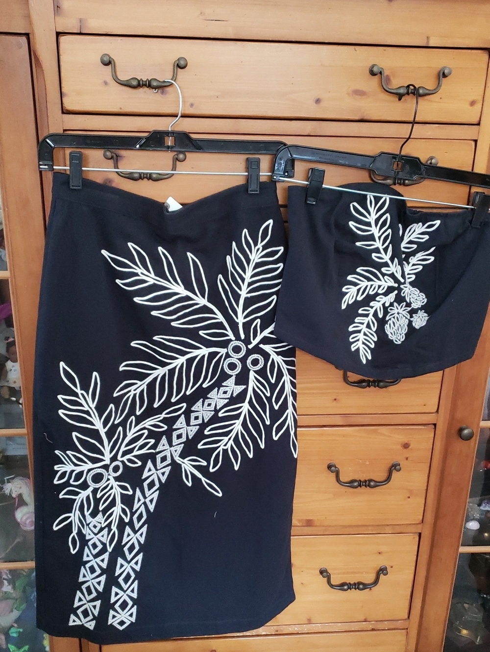 Anthropologie Black Pencil Skirt Set with White Botanical Embroidery